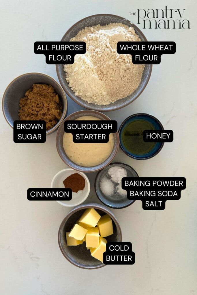 Flat lay of ingredients necessary to make sourdough graham crackers.