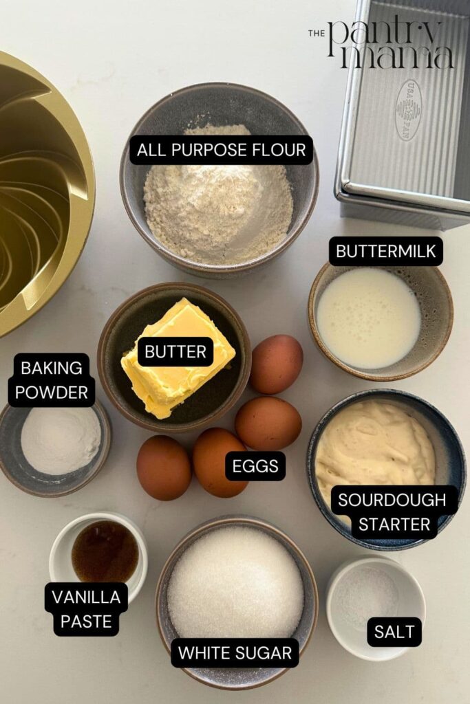 Flat lay of ingredients necessary to make a sourdough pound cake.