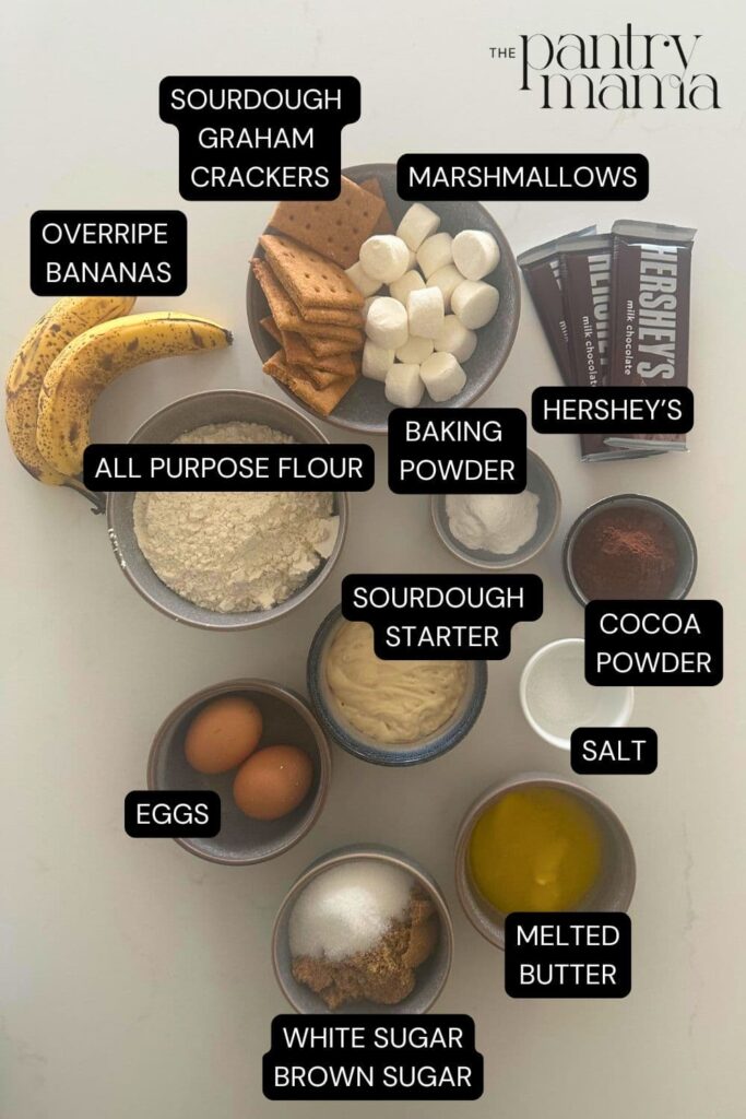 Flat lay of ingredients necessary to make sourdough banana bread.