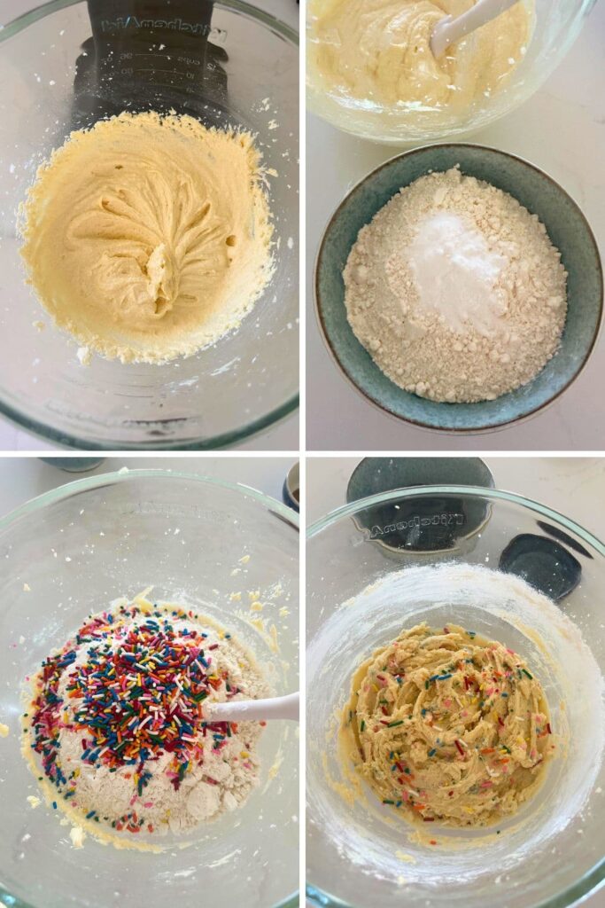 4 process shots showing how to make sourdough funfetti cookies.