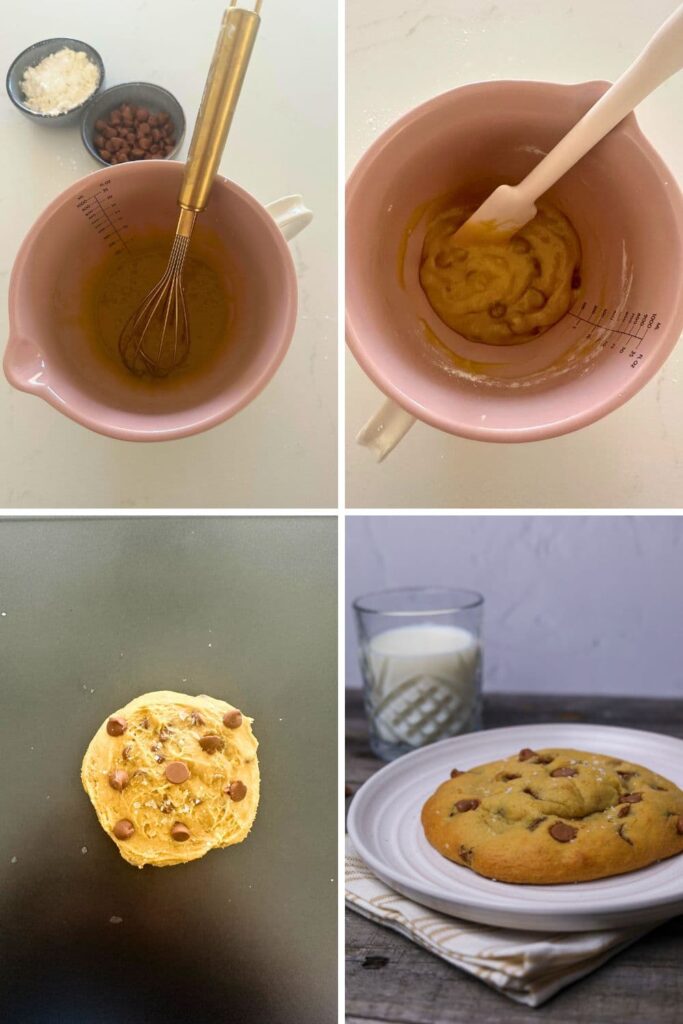 4 process photos showing how to make a single serve sourdough chocolate cookie using just one bowl and a whisk and spatula.