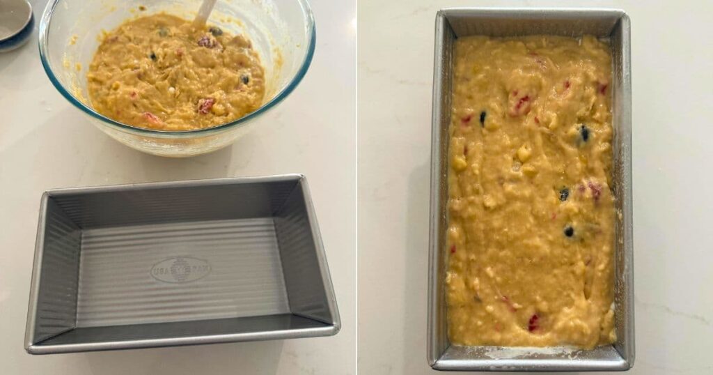 2 photos side by side. The first shows a bowl of sourdough berry banana bread batter sitting behind a 1 pound USA pan. The photo to the right shows the batter inside a 1 pound USA loaf pan.