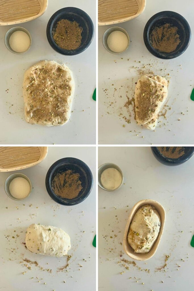 4 photos showing the process of shaping the sourdough pistachio bread. The final photo shows the dough shaped and sitting inside the banneton.