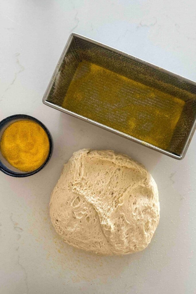 Sourdough English muffin loaf dough after stretch and folds.