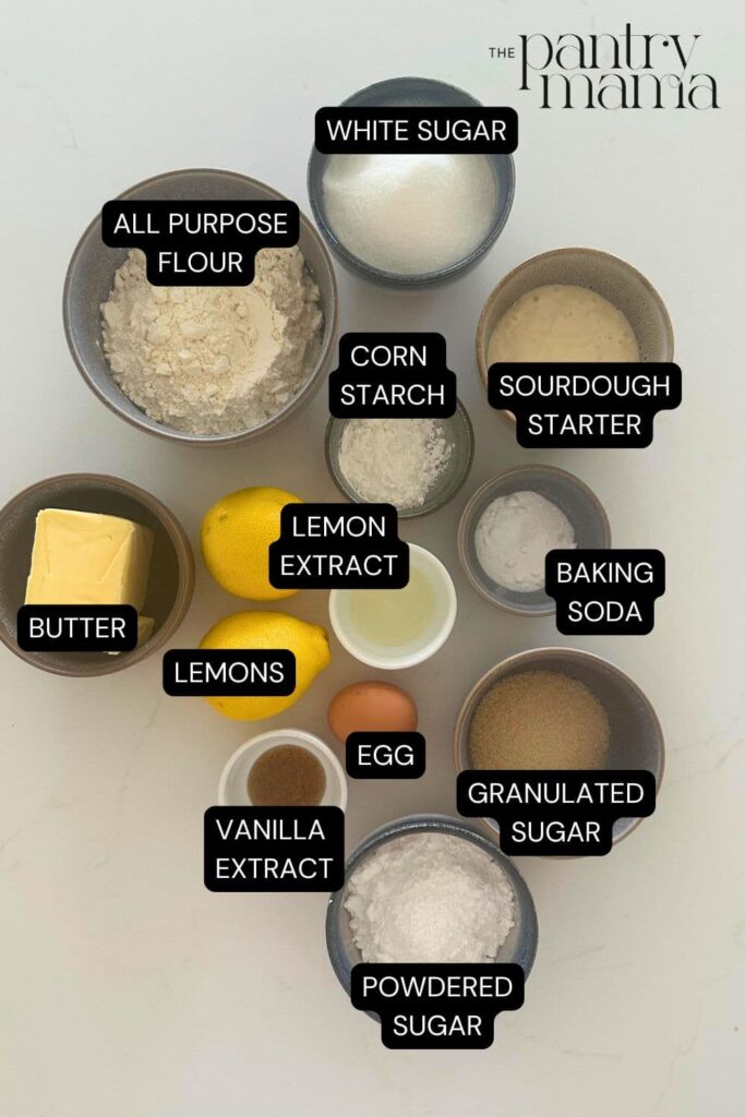 sourdough lemon crinkle cookie ingredients.