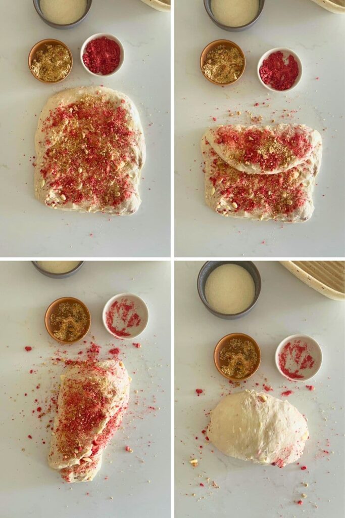 4 process shots showing how to shape a sourdough strawberries and cream loaf by adding the cookie crumbs and freeze dried strawberries.
