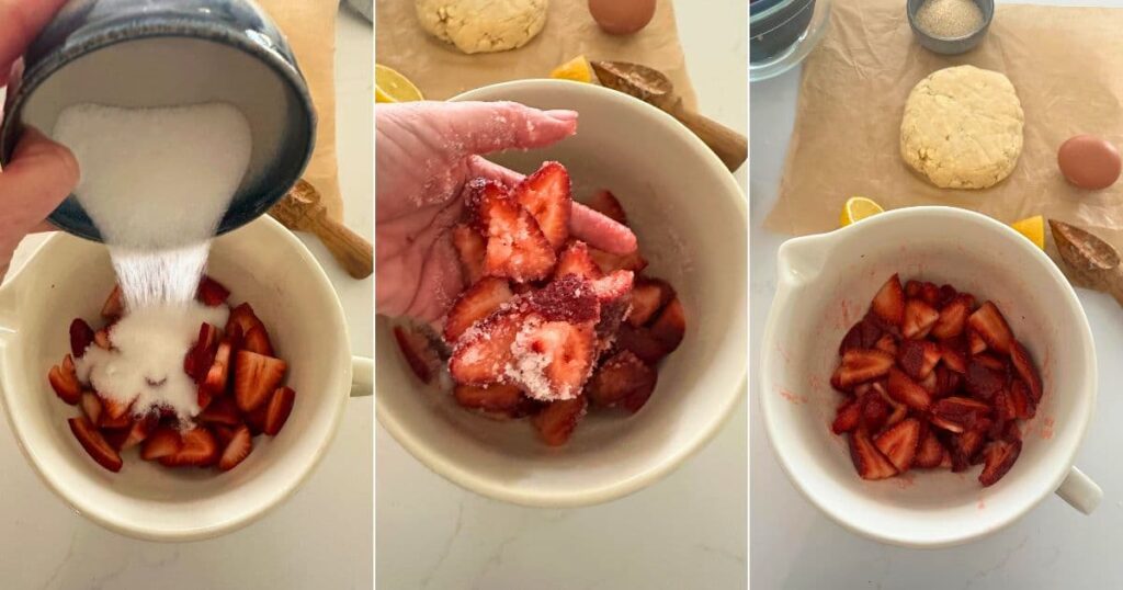 A series of 3 photos that shows the process of adding the sugar to the strawberries and allowing them to marinate.