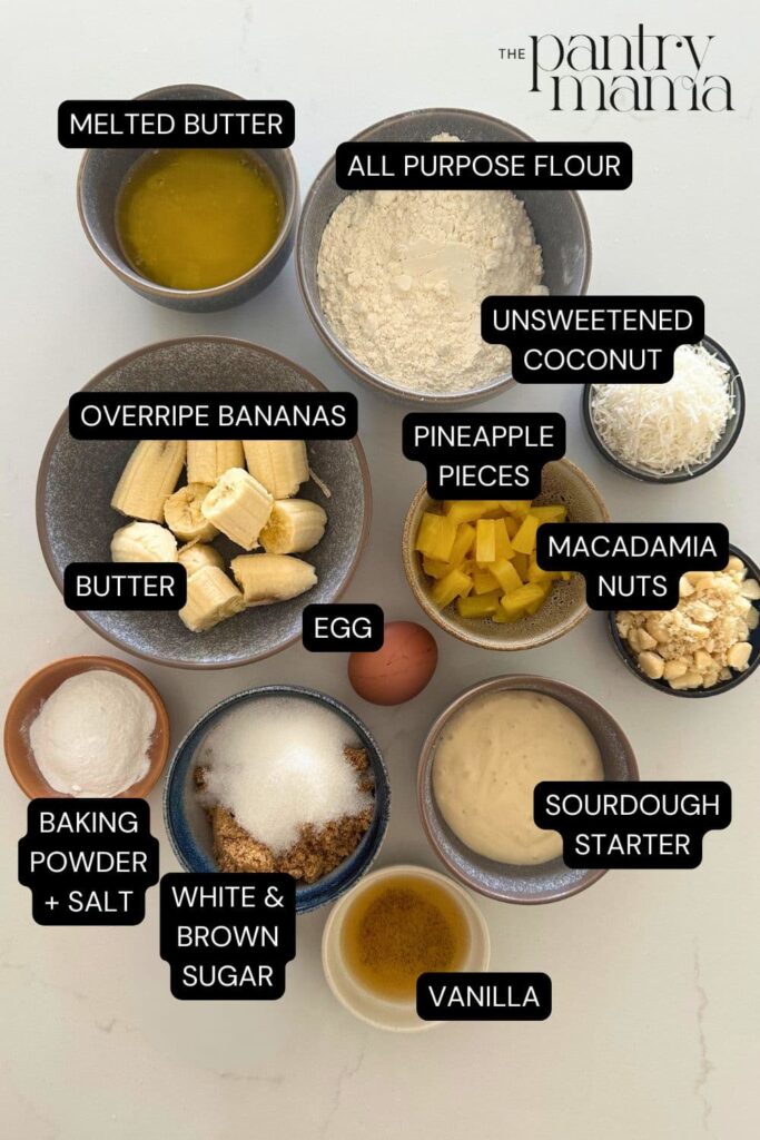 Flat lay of ingredients necessary to make sourdough Hawaiian banana bread.