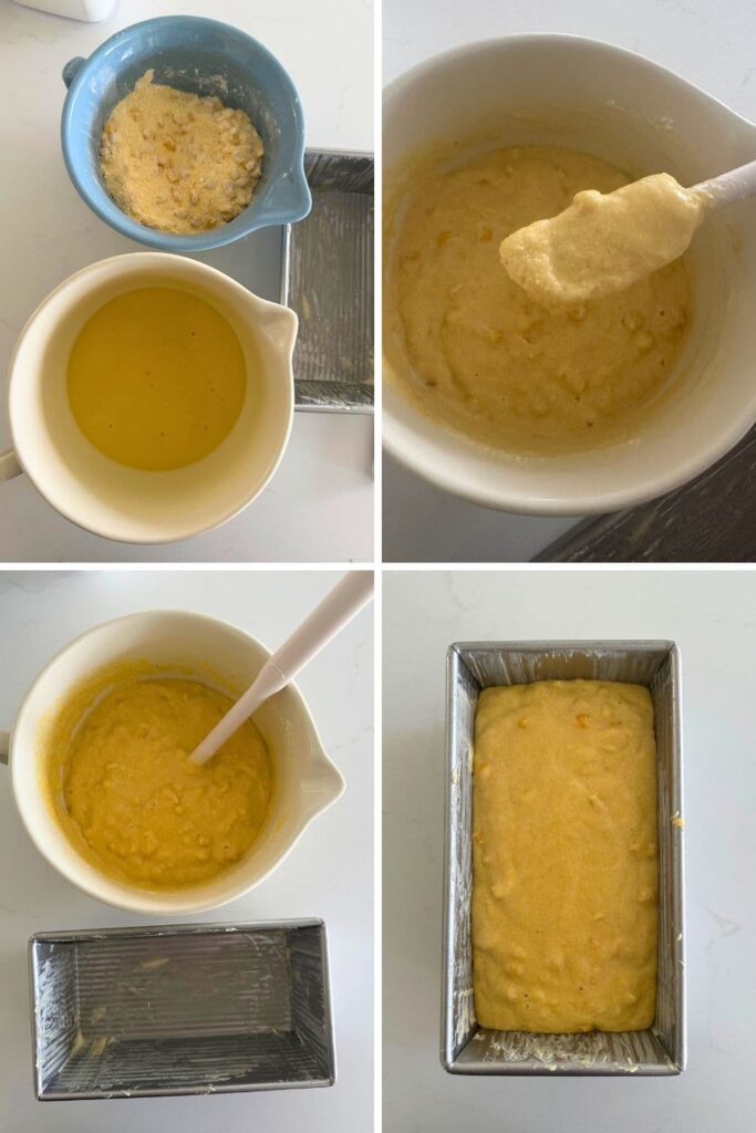 A series of 4 photos showing the process of mixing together the sourdough cornbread loaf batter.