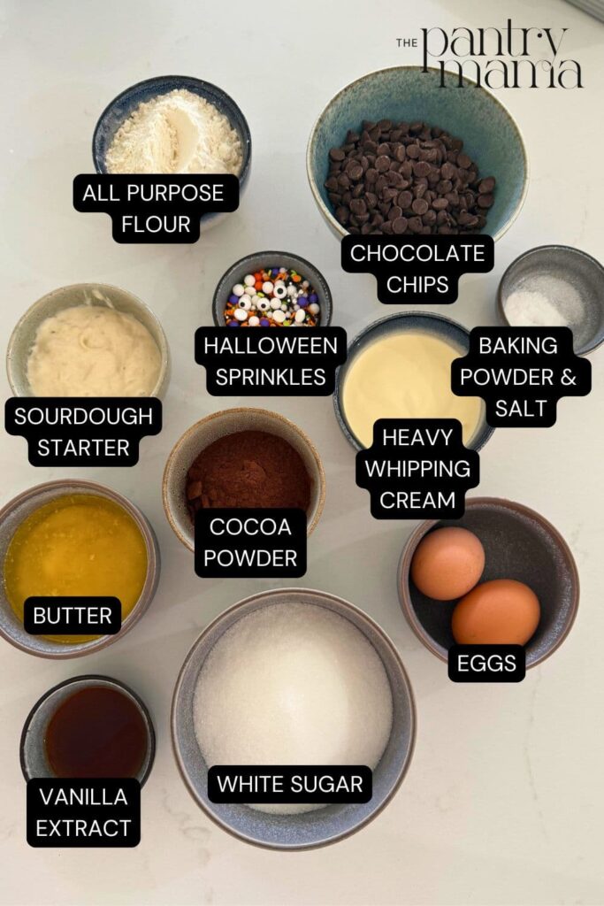 Sourdough Halloween frosted brownies labeled ingredients on counter.