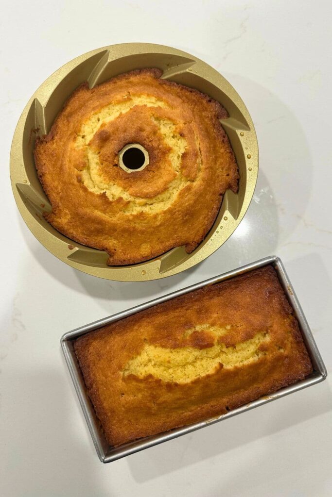 A photo showing sourdough pound cake baked in both a bundt pan and a small loaf pan.