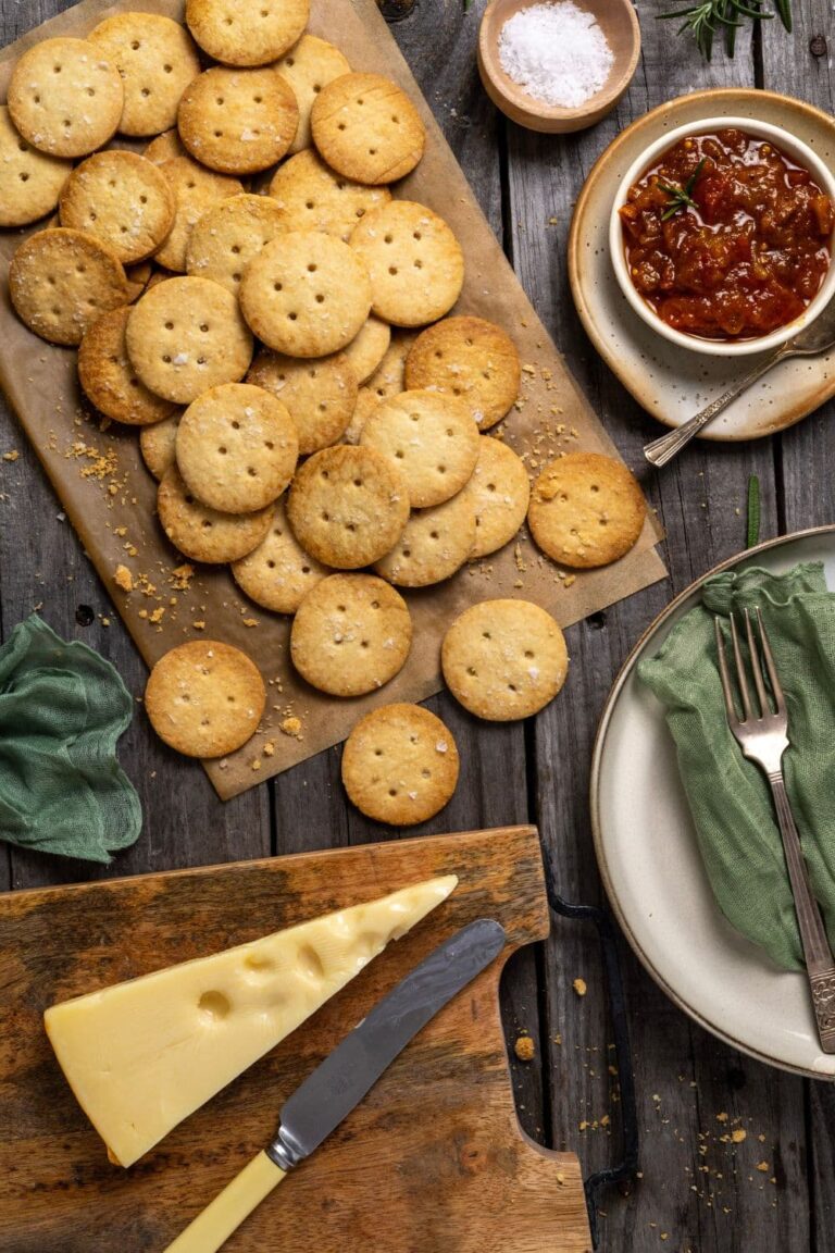 A wooden board of sourdough ritz crackers displayed with a wedge of cheese and a small dish of tomato chutney.