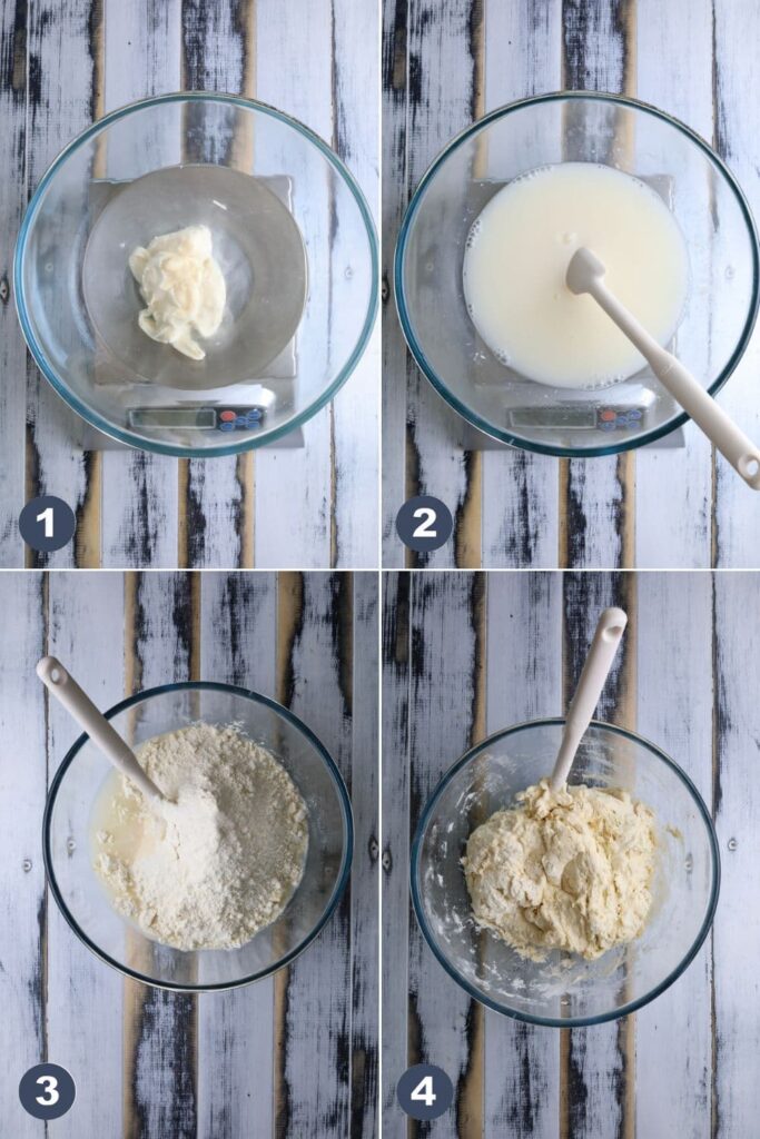 4 process photos showing how to mix and autolyse sourdough ingredients.