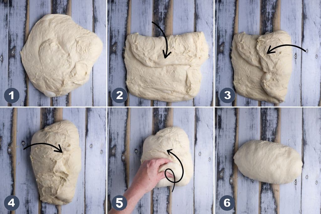 A series of 6 photos demonstrating how to shape a sourdough batard.