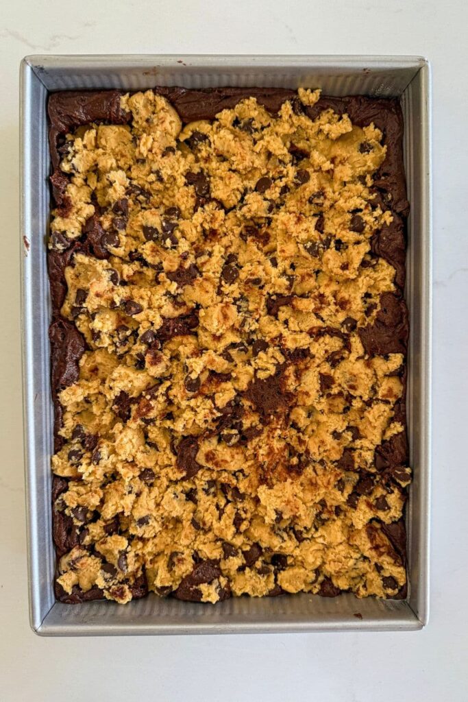 A tray of sourdough brookies ready to be baked in the oven.