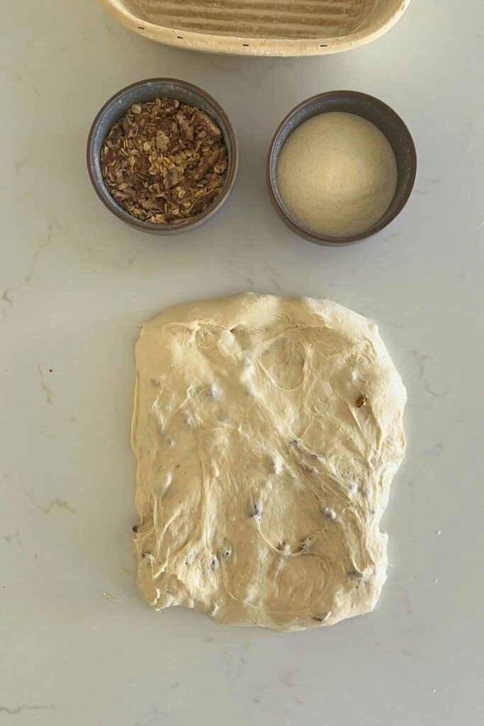 Shaping the sourdough maple pecan loaf with dough stretched on counter.