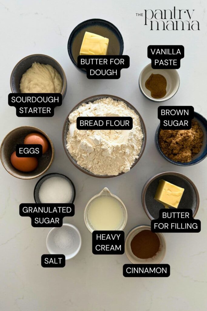 Flat lay of ingredients necessary to make sourdough cinnamon rolls.
