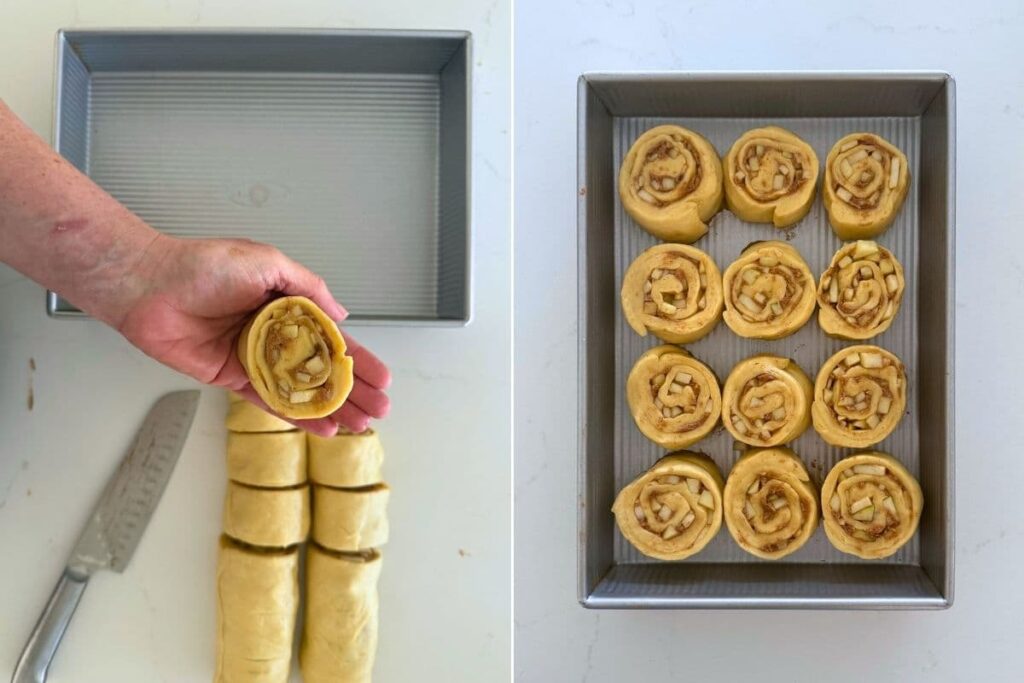 2 images showing the dough being rolled up into spiralled rolls and then placed into a sheet pan.