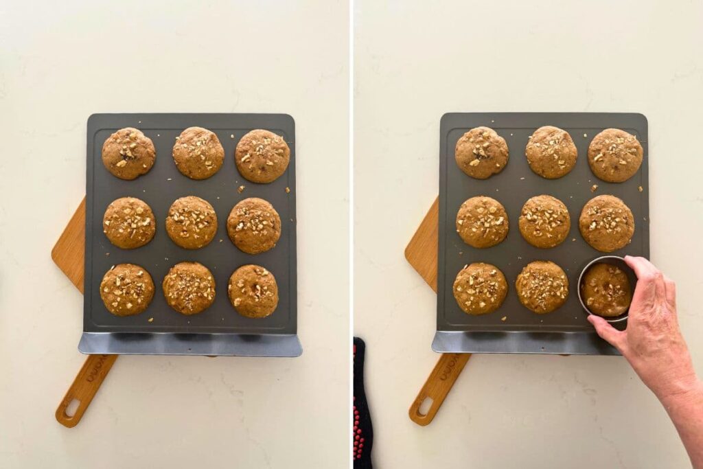 Two photos to show fresh baked sourdough date and walnut cookies on baking sheet with a hand straightening out a cookie to make it more round.