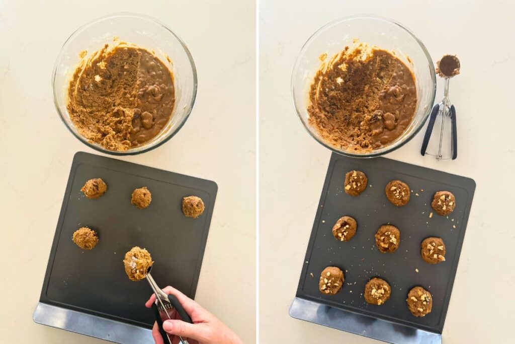 Two photos to show scooping out cookie dough into balls and placing on cookie sheet to make sourdough date and walnut cookies.