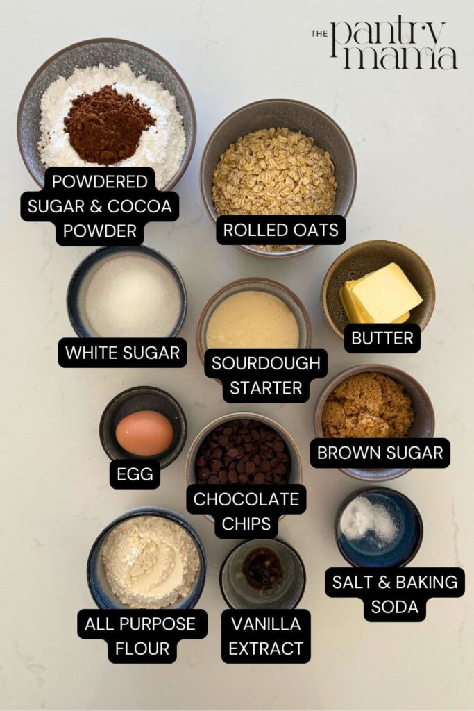 Labeled ingredients for Sourdough Oatmeal Chocolate Chip Cookies on counter.