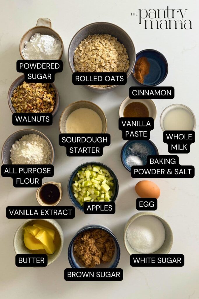 Labeled ingredients on counter to make apple cinnamon sourdough oatmeal cookies.