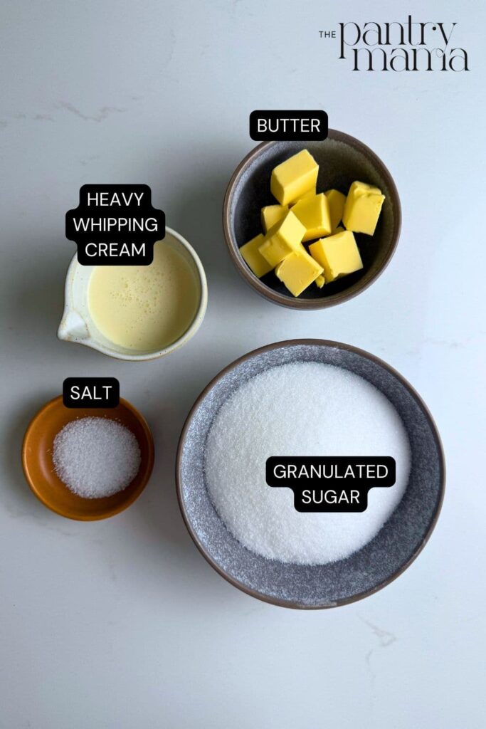 A flatlay of ingredients necessary to create homemade caramel sauce.