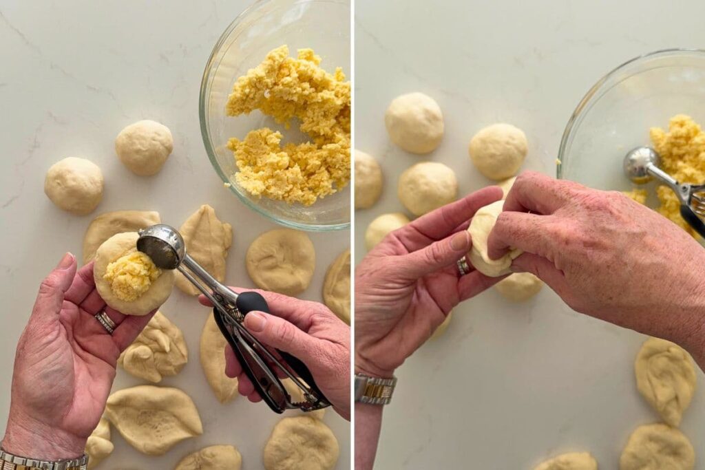 Two photos to show hands stuffing dough with cheese mixture to make sourdough cheese and garlic rolls.