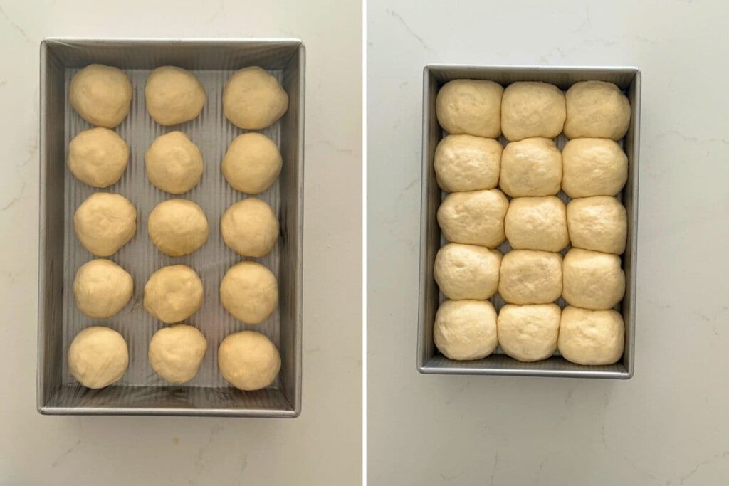 Two photos to show sourdough cheese and garlic roll dough in a baking dish; before and after second rise.