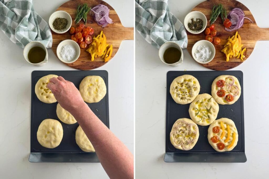 Two photos to show adding sourdough focaccia roll dough to baking sheet and adding toppings before baking.