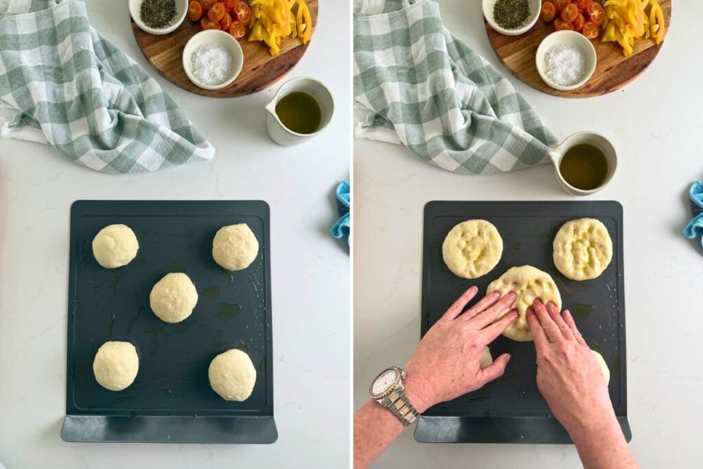 Two photos to show adding sourdough focaccia roll dough to baking sheet and pressing it down into pan.