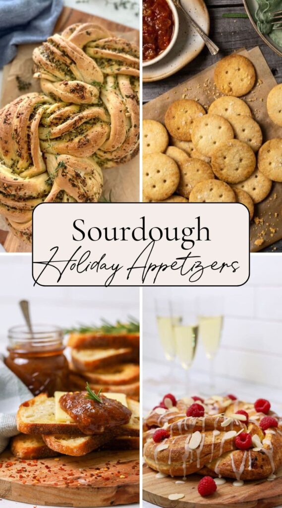 Four photos to show a series of holiday appetizers including a sourdough herb and garlic twist loaf, sourdough Ritz crackers, chilli tomato relish and a sourdough festive brioche loaf.