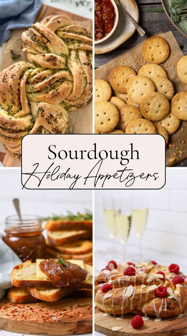 Four photos to show a series of holiday appetizers including a sourdough herb and garlic twist loaf, sourdough Ritz crackers, chilli tomato relish and a sourdough festive brioche loaf.