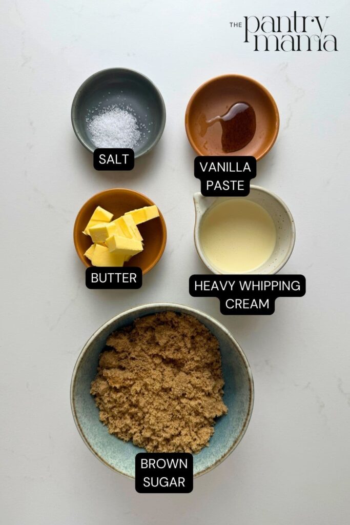 Labeled ingredients on a counter to make homemade caramel dip.