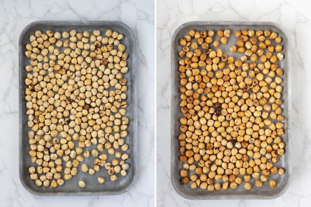 Two photos to show adding hazelnuts to roasting pan and the roasted hazelnuts on the pan.