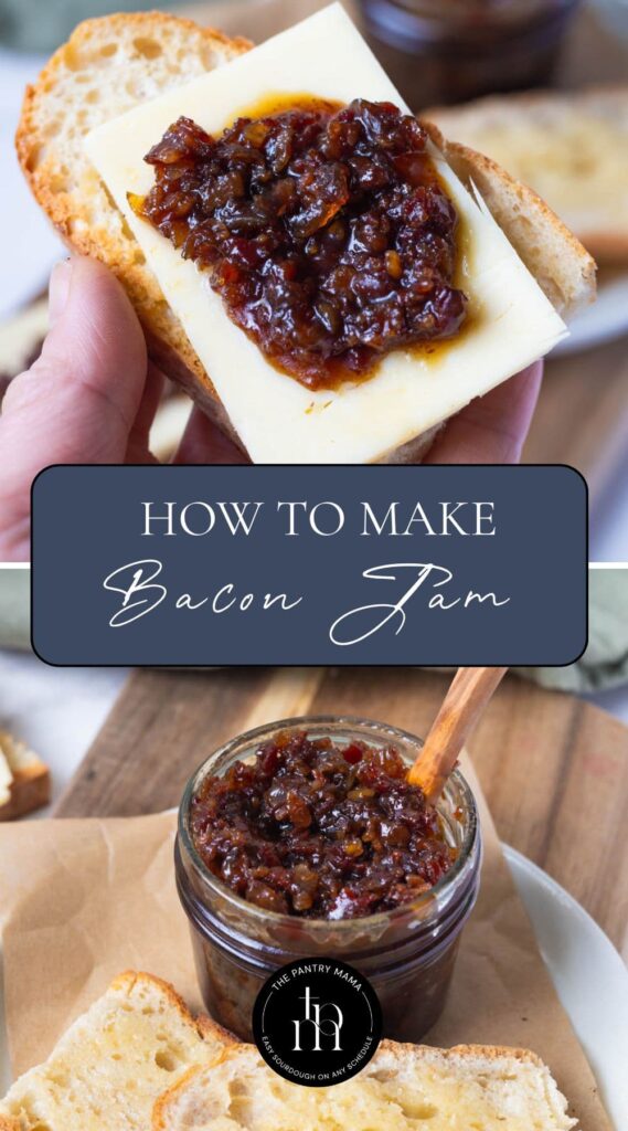 Two photos of bacon jam with text overlay for a Pinterest pin image.