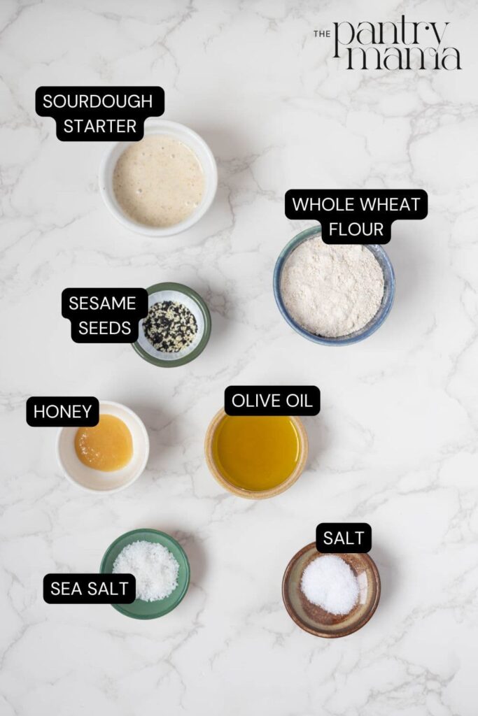 Flat lay of ingredients necessary to make sourdough lavosh crackers.