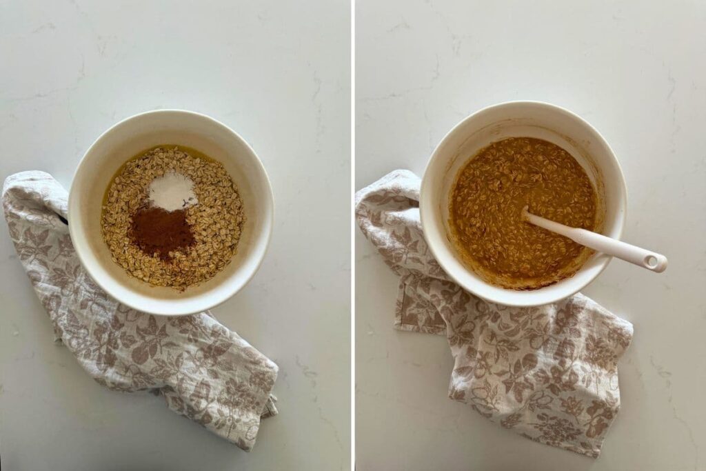 Two photos to show adding dry ingredients to wet ingredients in a mixing bowl to make the batter for sourdough baked oatmeal.