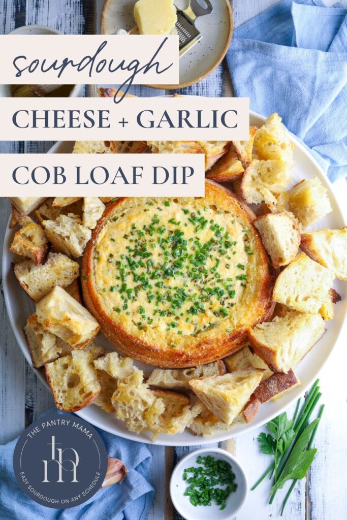 An image of a sourdough cheese and garlic cobb loaf dip with a handing dipping bread into and text overlay for a Pinterest Pin.