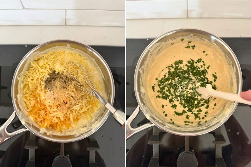 Two photos to show mixing the cheese mixture and adding fresh herbs to the saucepan to make a sourdough cheese and garlic cobb loaf dip.