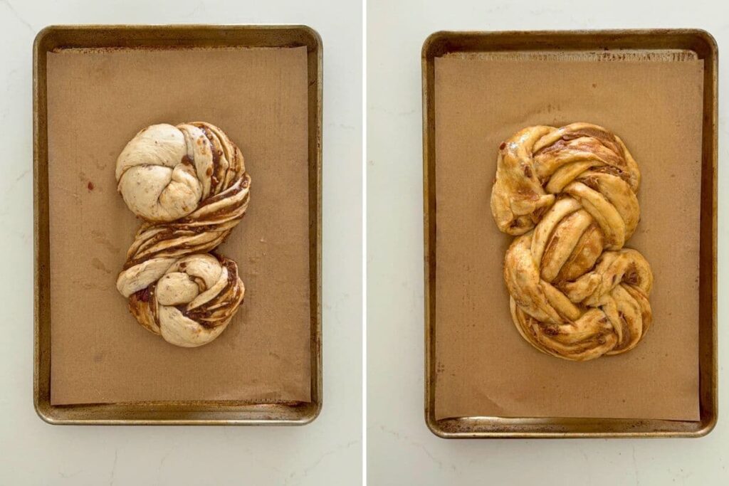Two photos to show sourdough maple pecan twist loaf in an S shape on a baking sheet before and after proofing.