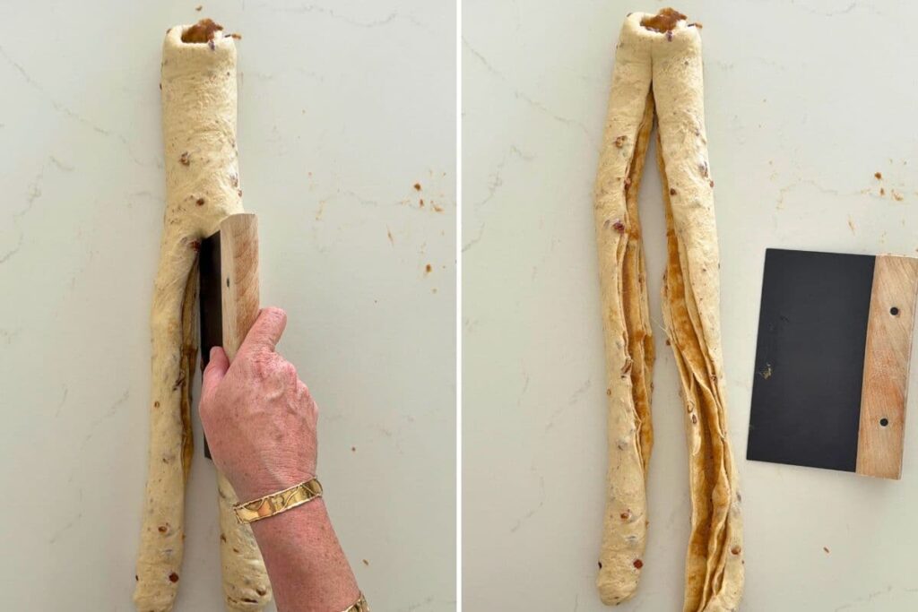 Two photos to show slicing sourdough maple pecan twist loaf dough with a bench scrapper in order to twist it.