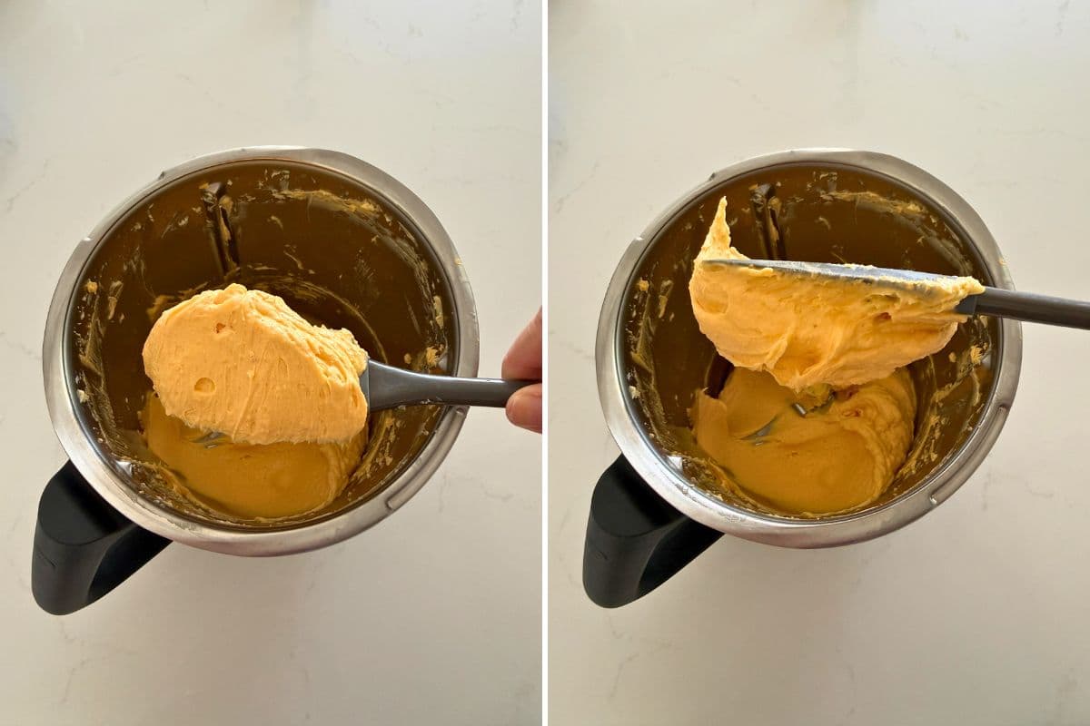 Two photos of blended cheddar butter on a spatula over a food processor to show the texture and how the butter will be thick enough to adhere to the spatula.