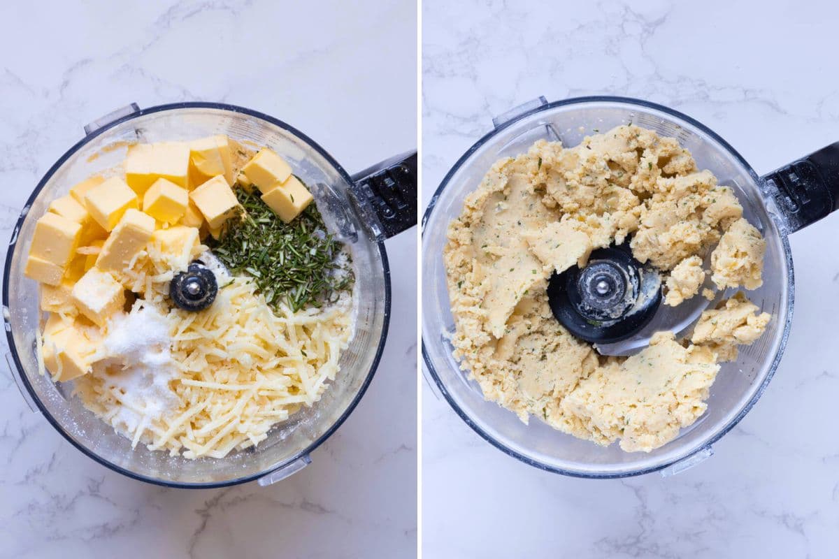Two photos to show adding ingredients to a food processor and wheat the dough looks like once processed to make sourdough discard rosemary and parmesan shortbread.