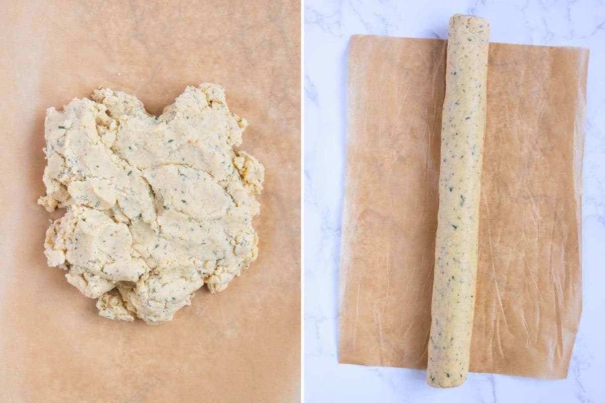 Two photos to show the dough for sourdough discard rosemary and parmesan shortbread, before and after rolling to be cut.