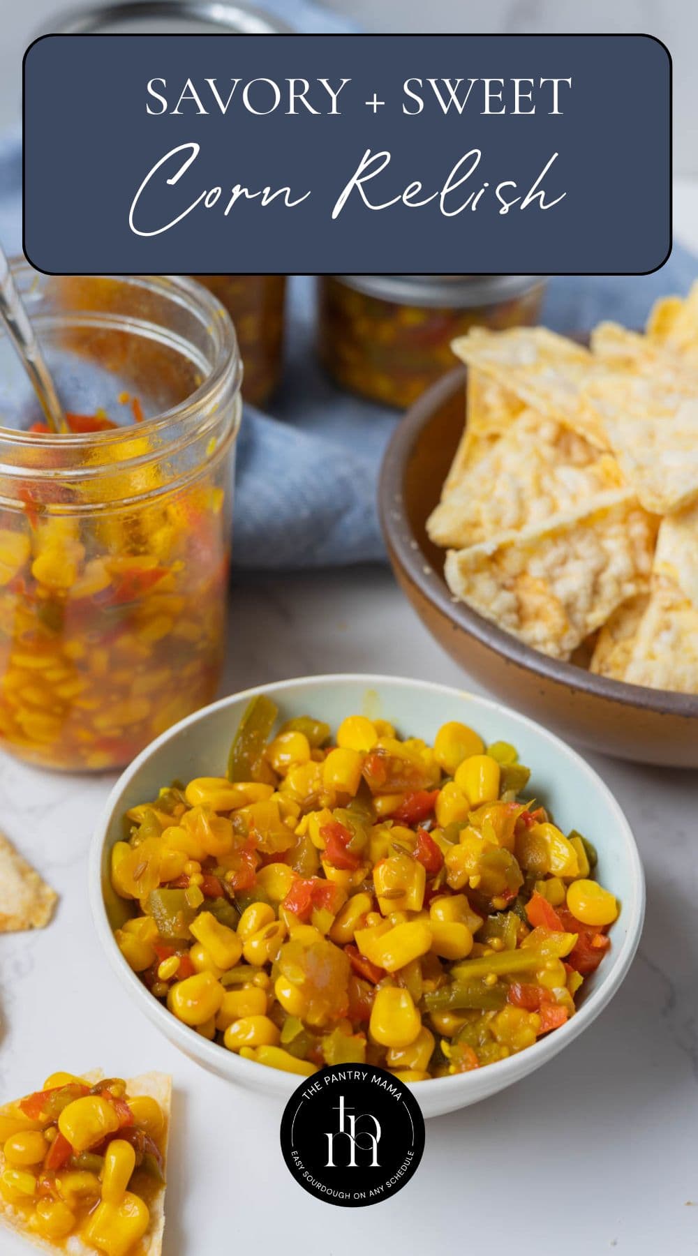 An image of a bowl of corn relish with text overlay for a Pinterest Pin.